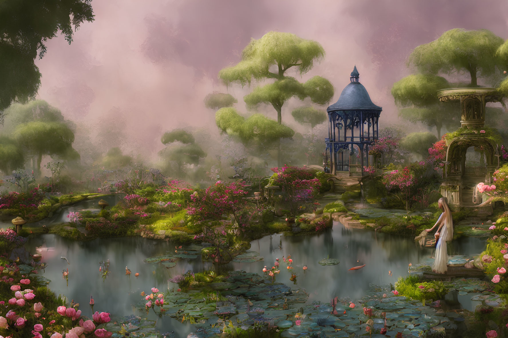 Tranquil garden scene with pond, blooming flowers, gazebo, and misty ambiance