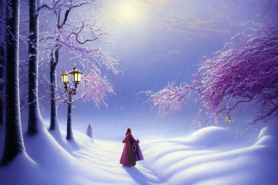 Person in Red Cloak Walking Through Snowy Twilight Landscape with Frost-covered Trees and Purple Sky