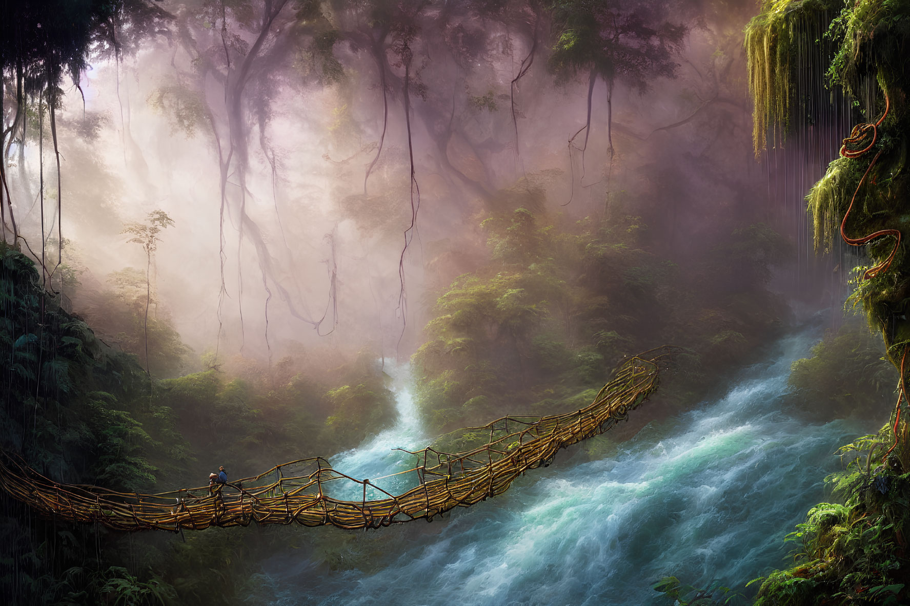 Suspension rope bridge over river in misty forest