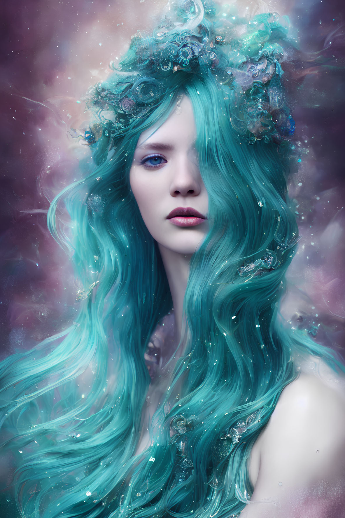 Fantasy portrait of a person with turquoise hair and starry-galaxy background