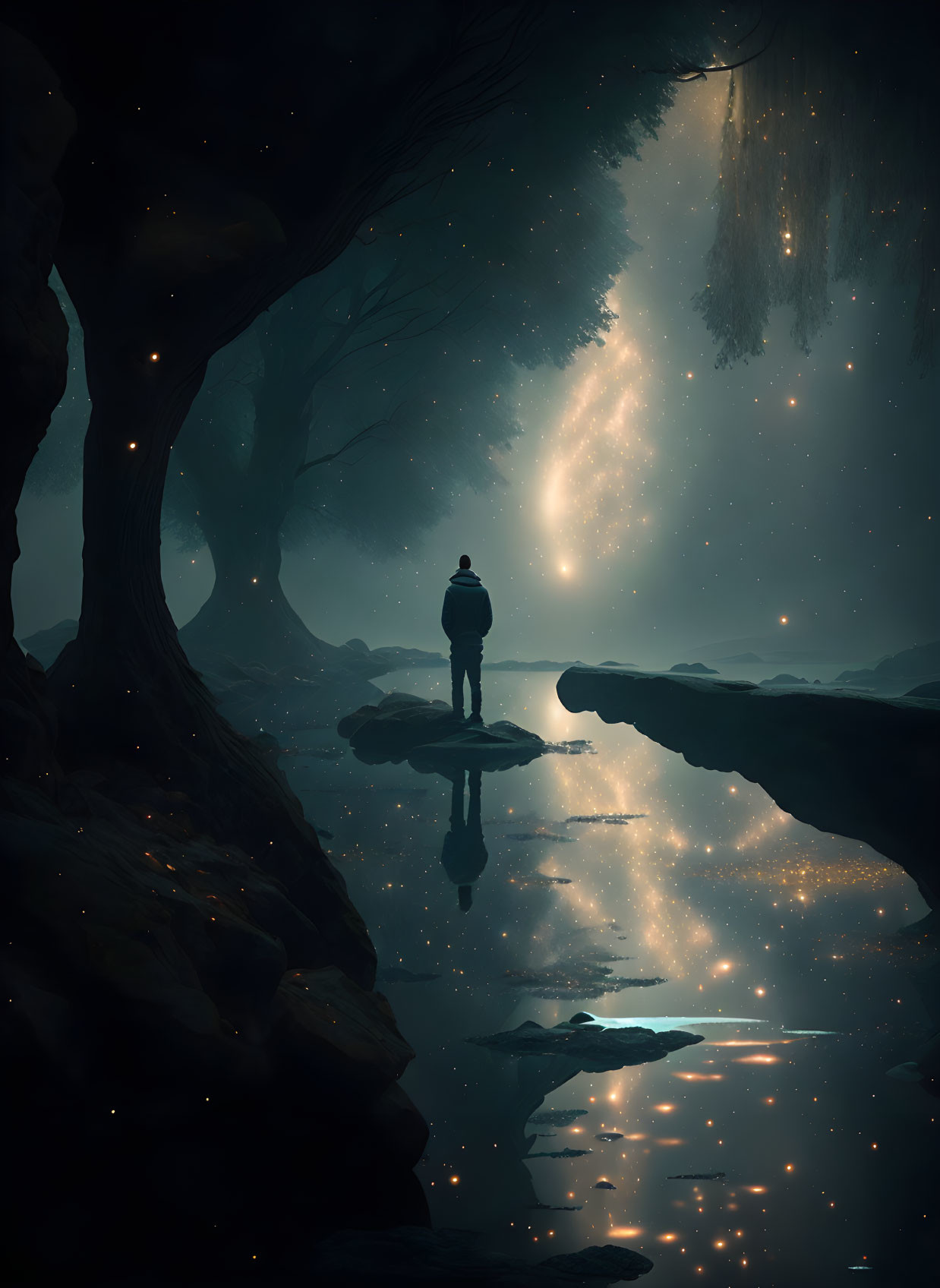 Solitary Figure in Starlit Forest with Reflective Water