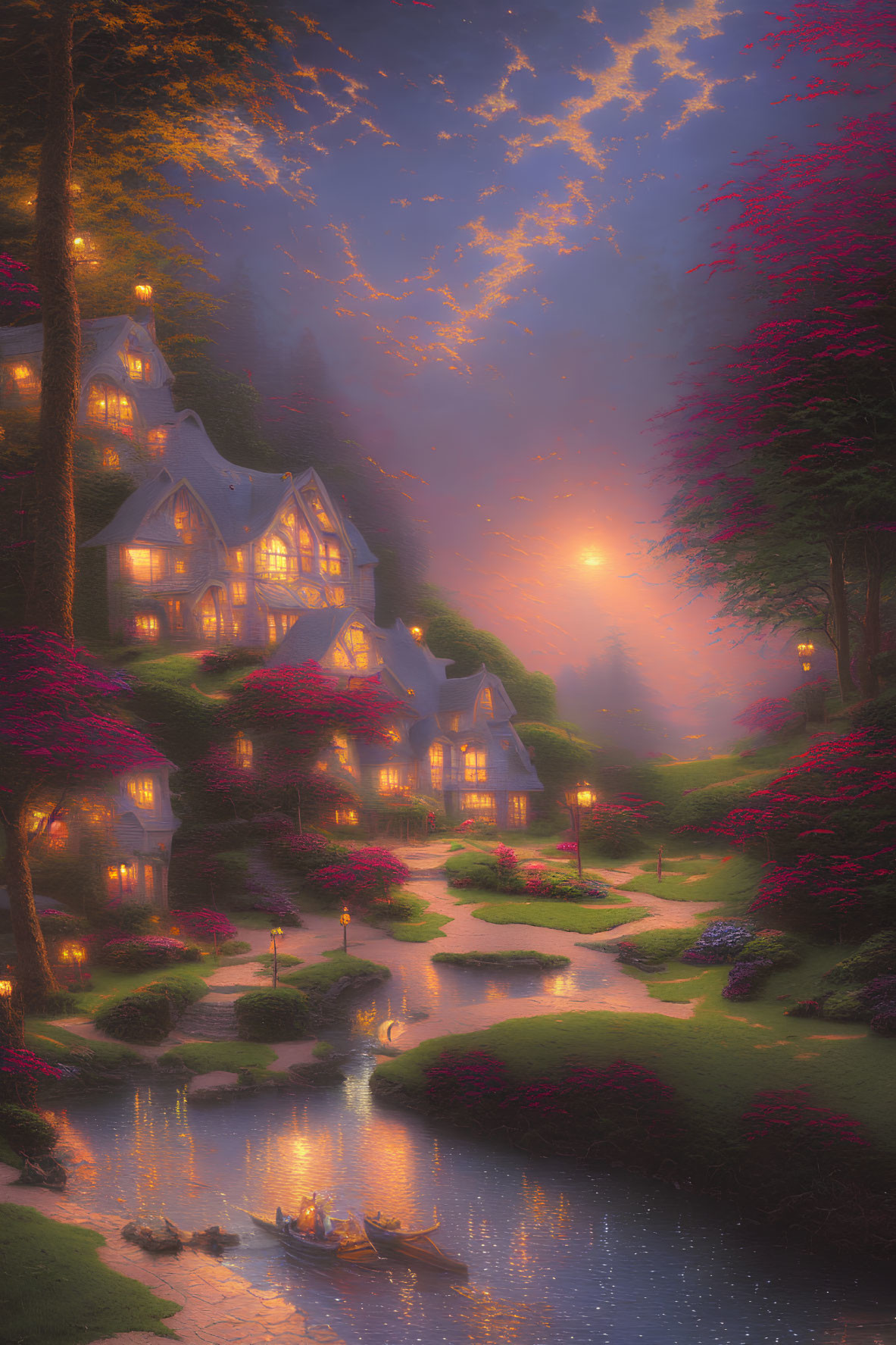 Twilight scene: illuminated cottages, pink trees, river, boat, starry sky