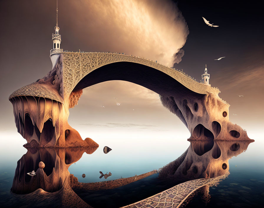 Fantastical bridge with ornate towers blending with rock formations and serene water.