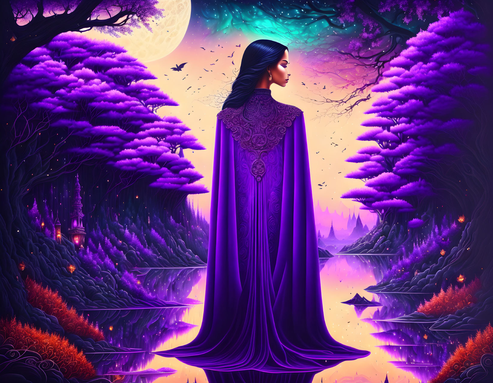 Woman in Purple Cloak in Fantastical Purple Forest with Castle and Crescent Moon