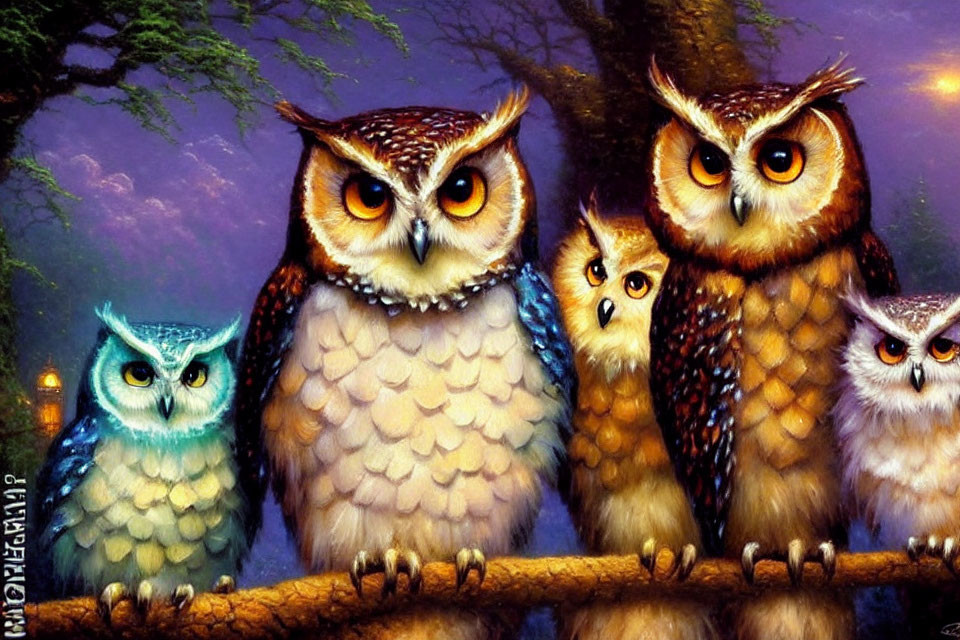 Five Colorful Stylized Owls Perched on Branch at Dusk or Dawn