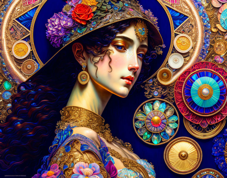 Colorful digital artwork of adorned woman with floral decorations and gold jewelry