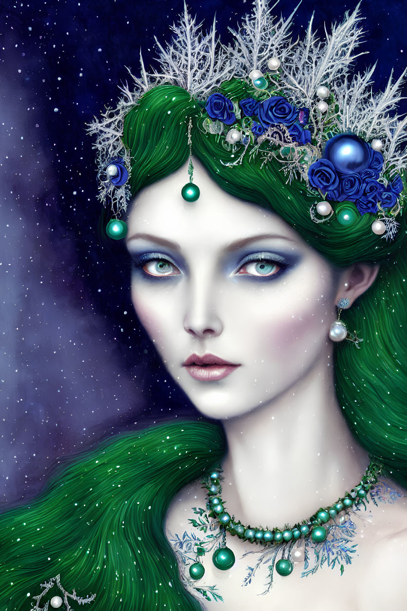 Digital Art Portrait: Woman with Green Hair, Blue Flower Crown, Winter Foliage, Starry