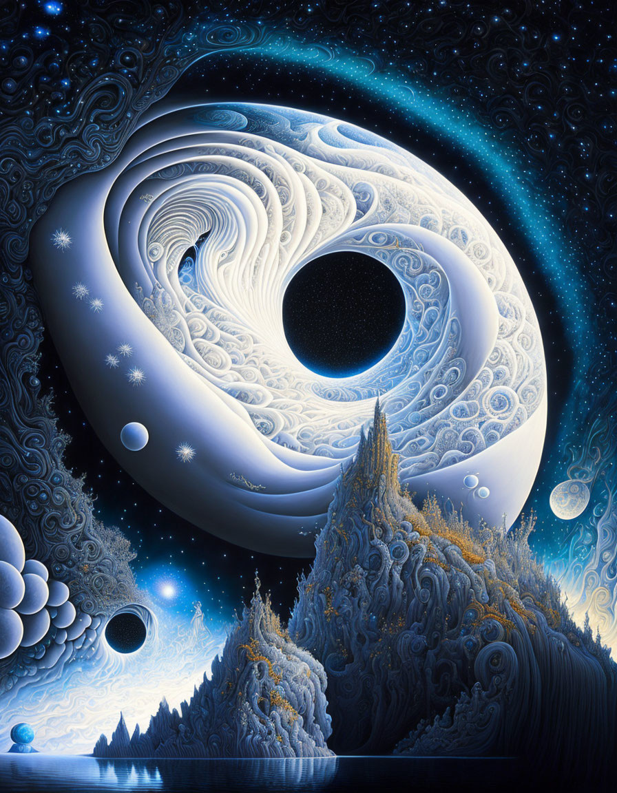 Surreal cosmic artwork with swirling vortex and celestial landscape