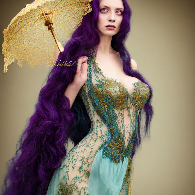 Purple-haired woman in green and gold corset dress with lace umbrella on beige background