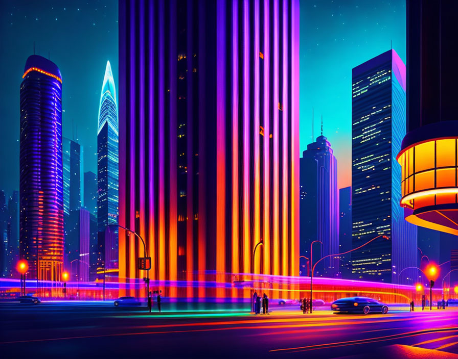 Futuristic neon-lit cityscape with pedestrians and vehicles at night