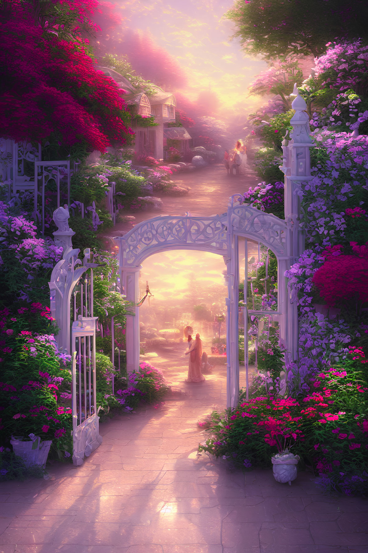 Lush flower-lined garden pathway to mystical sunlit street