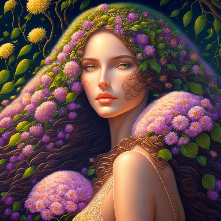 Illustrated portrait of woman with purple and yellow flowers in her hair against dark foliage background