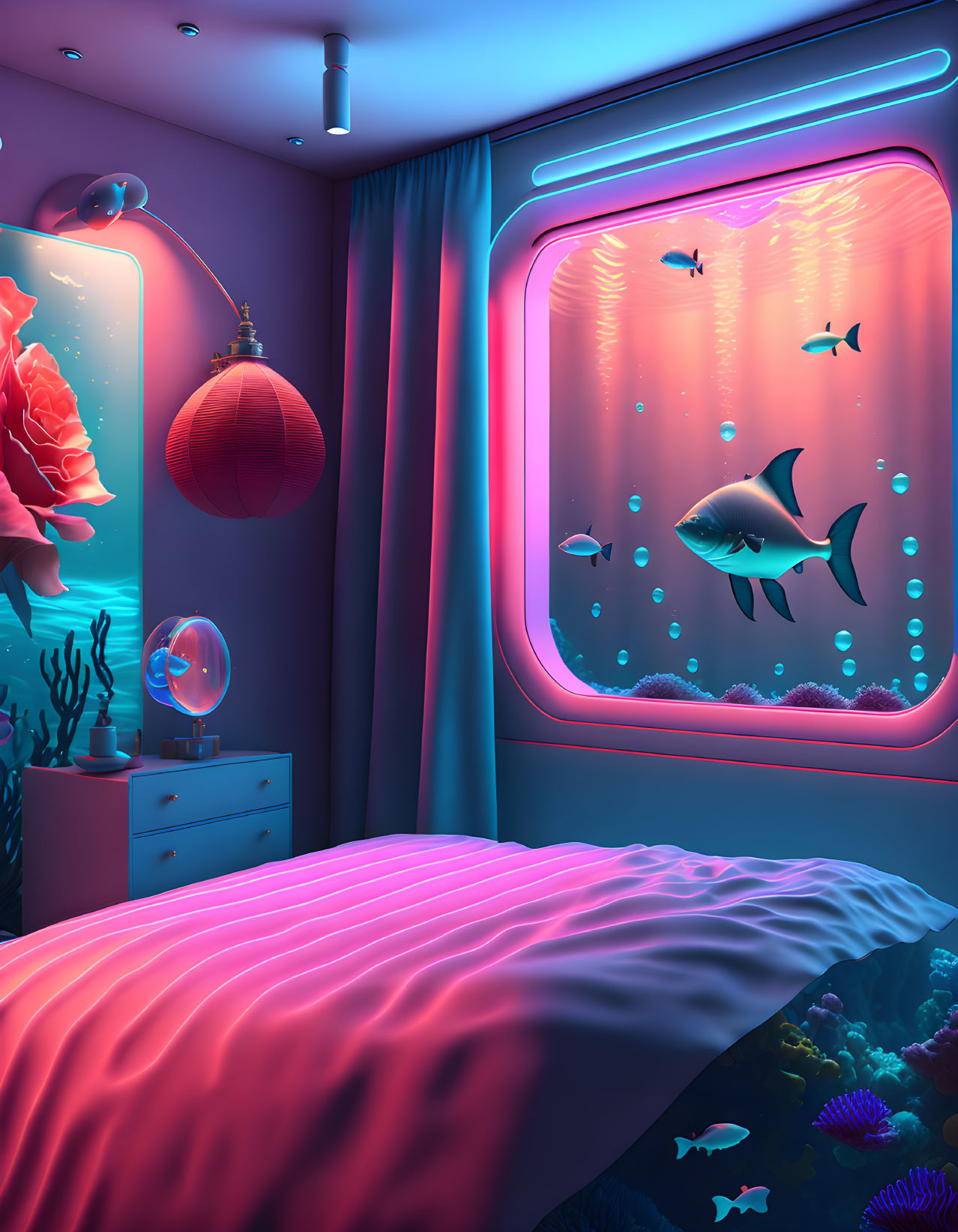 Colorful digital artwork: underwater-themed bedroom with aquarium window, fish, coral, and neon lighting