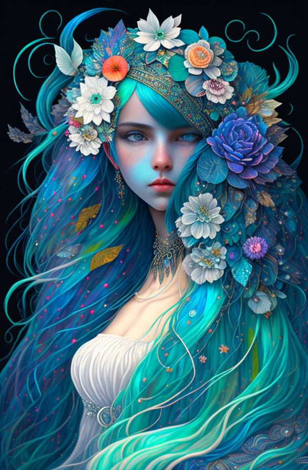 Digital art portrait of woman with turquoise hair, multicolored flowers, and mystical crown.