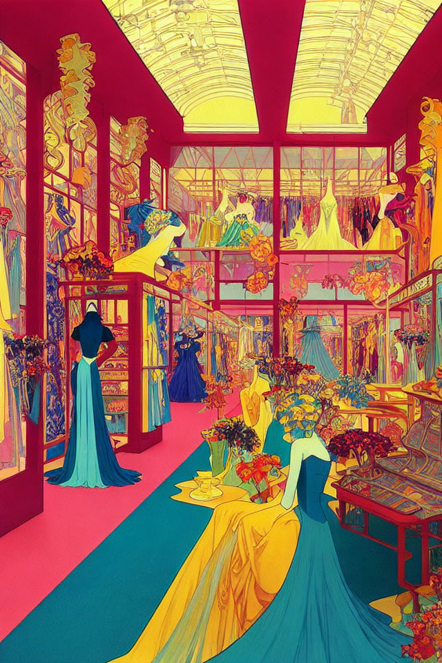 Colorful Psychedelic Boutique Illustration with Elaborate Dresses