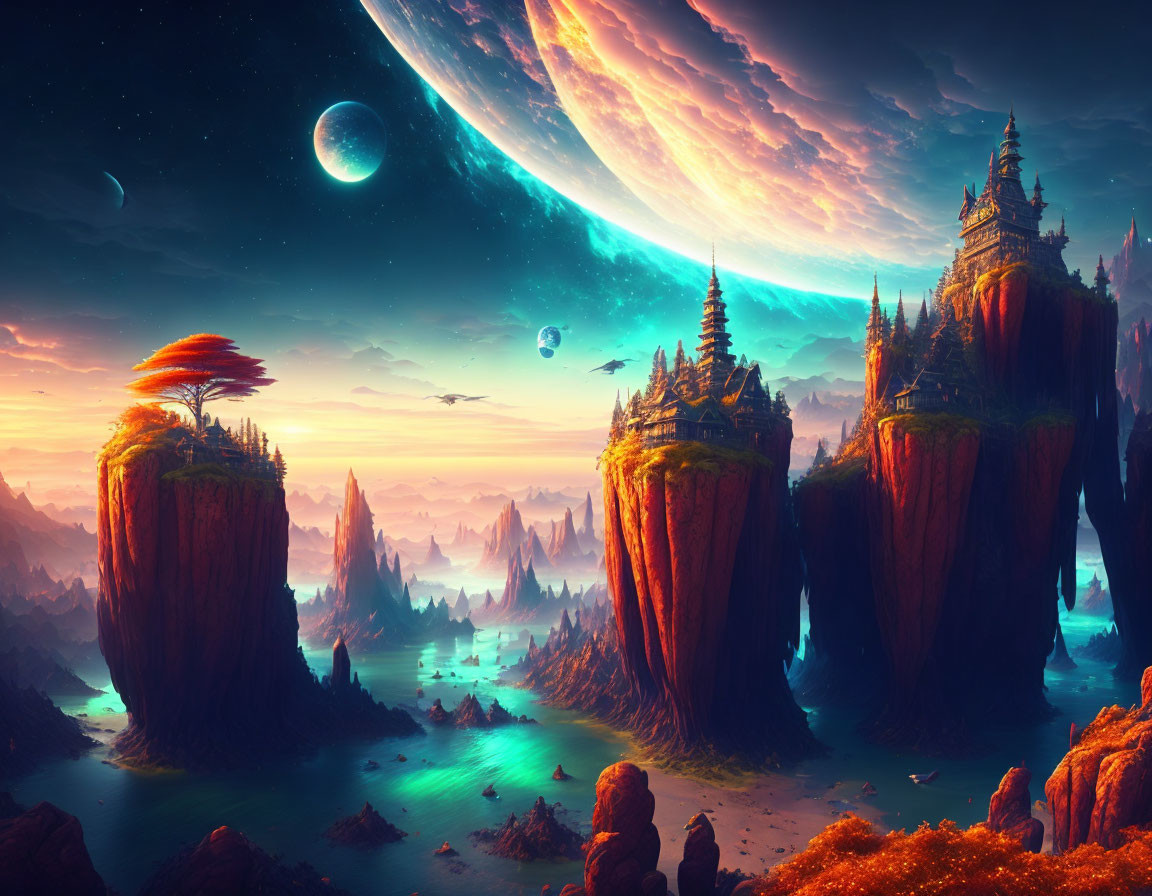 Fantastical landscape with towering rock formations, castles, moon, planets, and vivid sunset sky