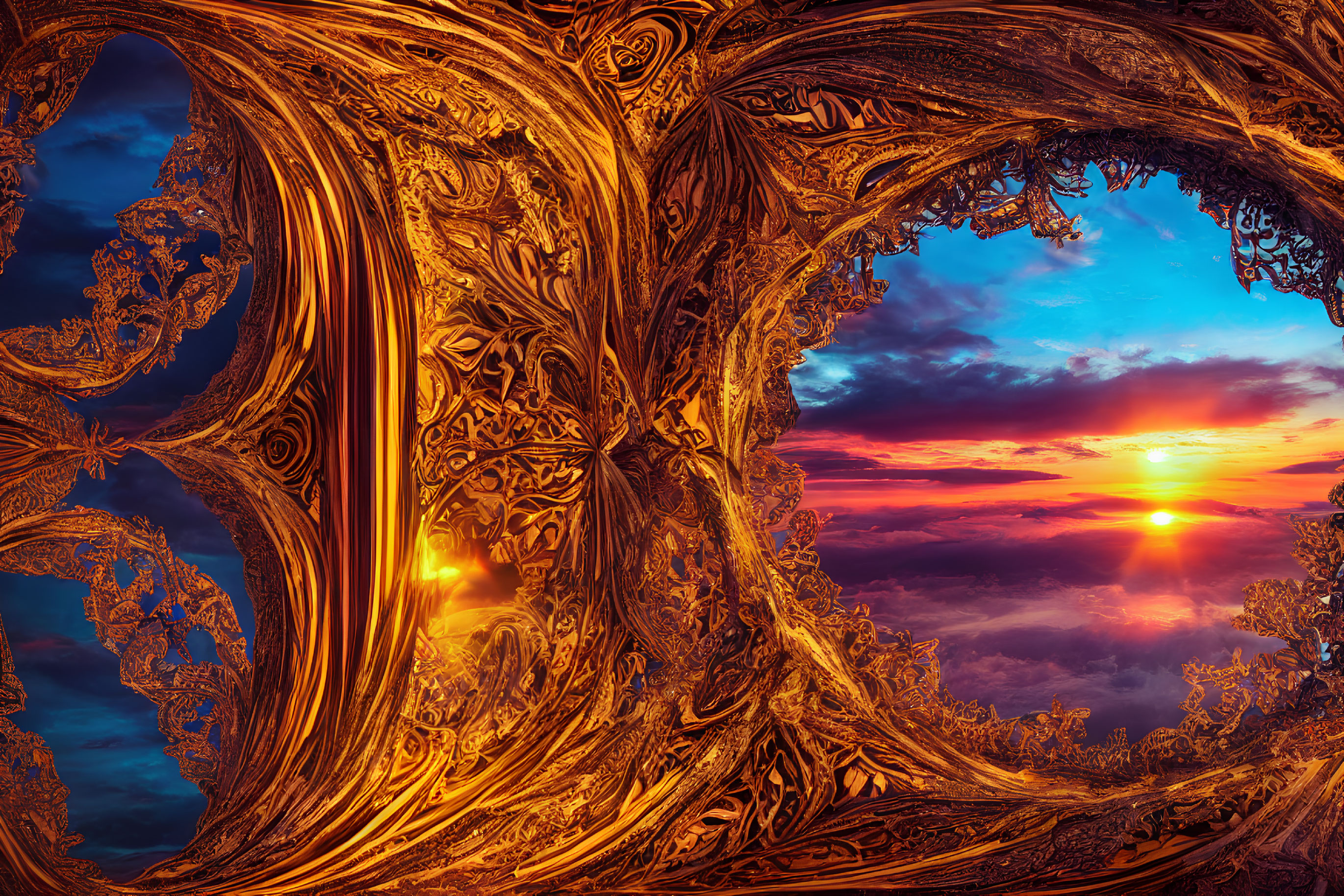 Intricate Fractal Image of Sunset with Vibrant Orange, Blue, and Yellow Hues