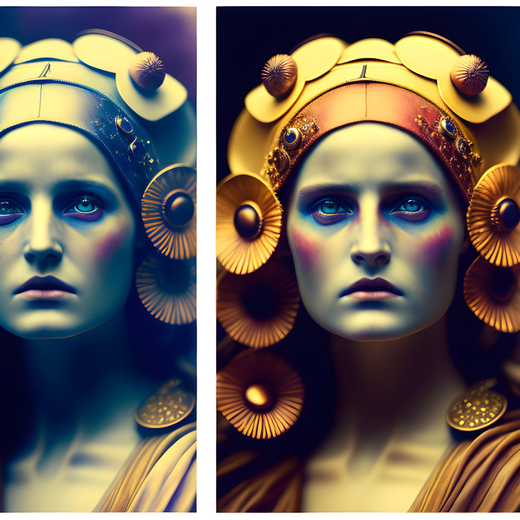 Split image: Woman with decorative headpiece in cool and warm tones