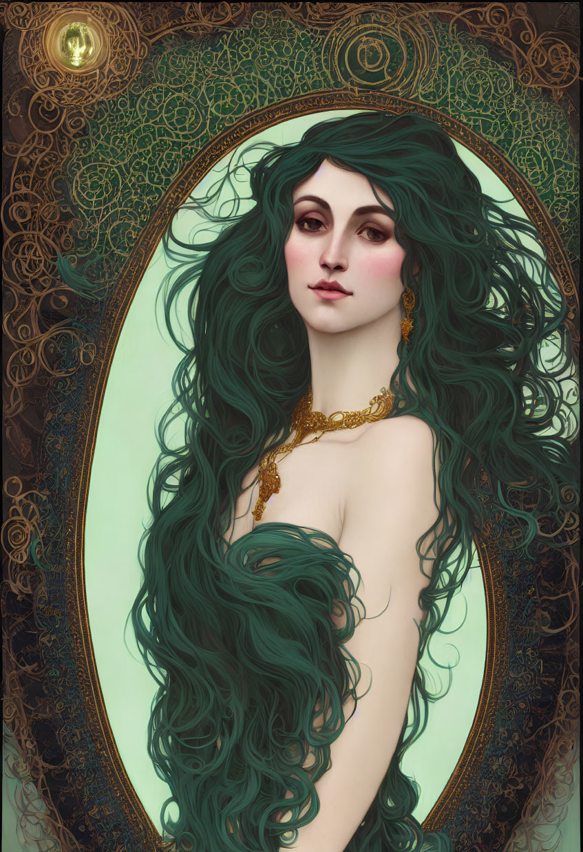 Stylized portrait of a woman with green hair in golden frame