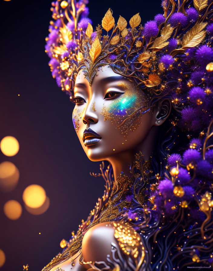 Elaborate Purple and Gold Floral Headpiece Digital Art