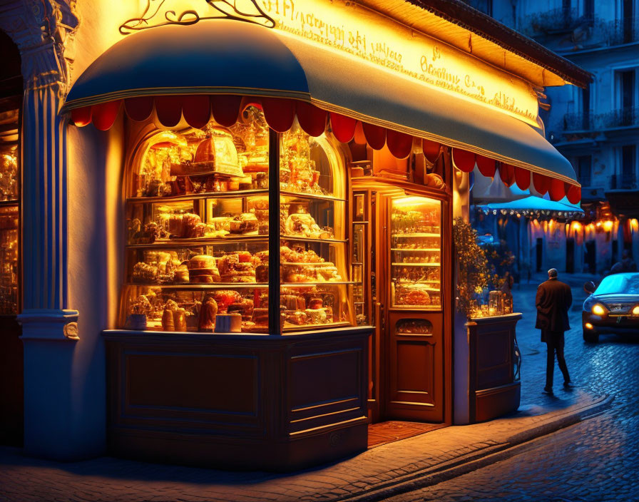 Cozy bakery with pastries, man walking by, warm lights at twilight