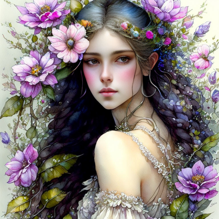 Detailed Illustration: Young Woman with Flower Crown and Dark Hair Amidst Blooming Flora