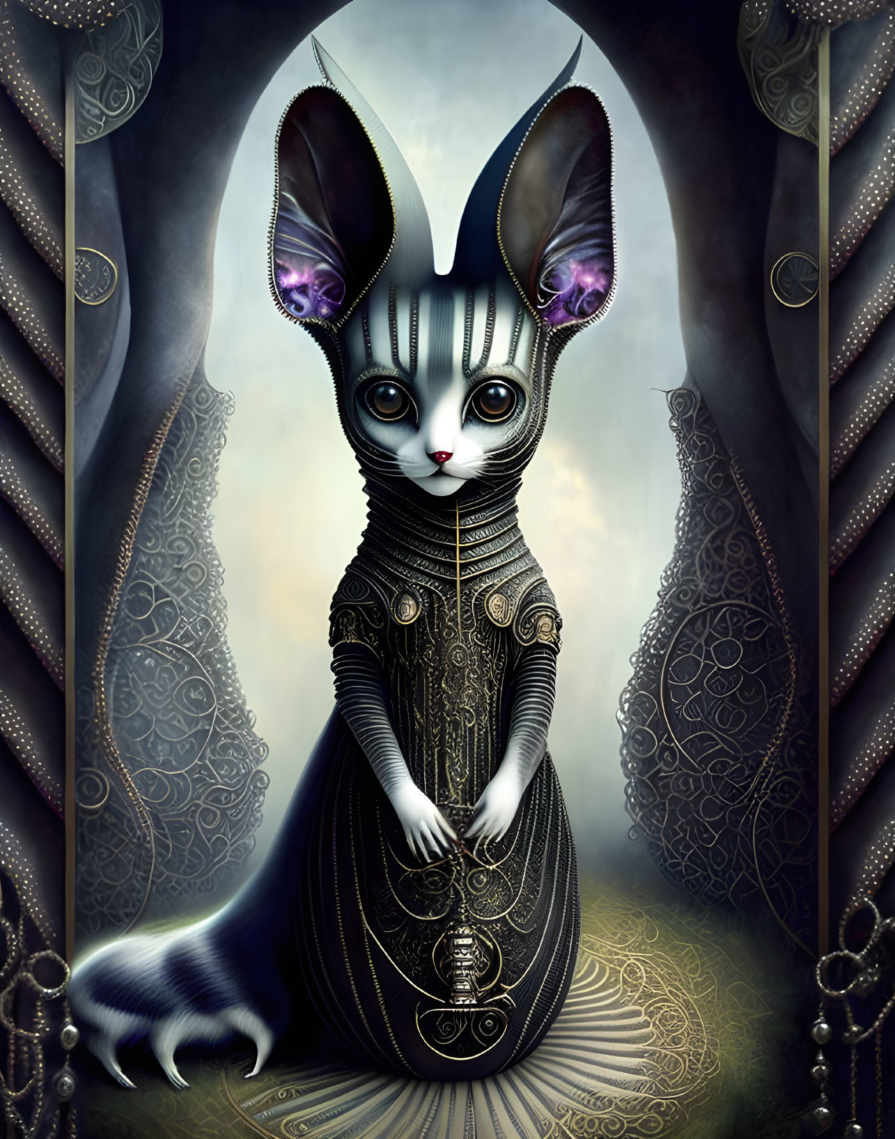 Detailed digital artwork of a whimsical cat in gothic dress.