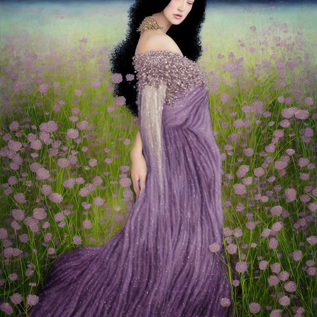 Woman in Sparkling Purple Gown Surrounded by Lavender Flowers