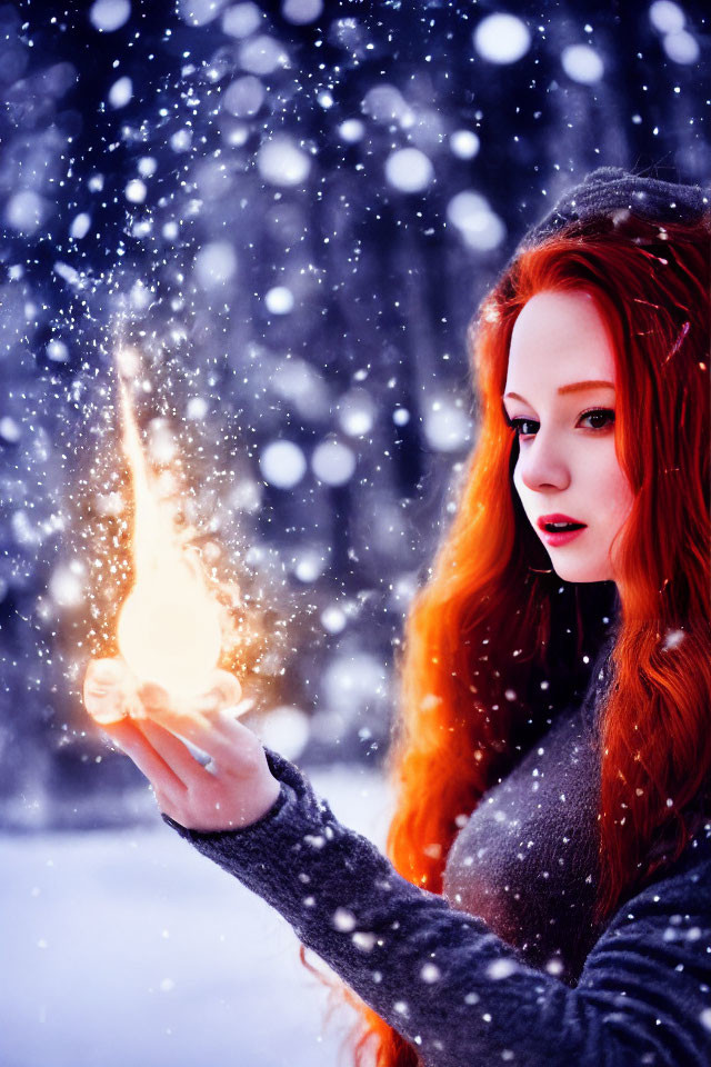 Red-haired woman in grey coat holds flame in snowfall