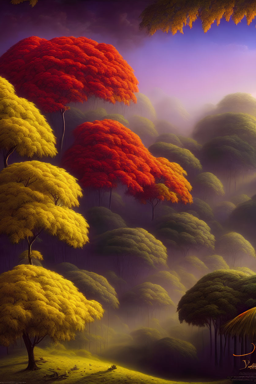 Vibrant red and yellow foliage in mystical forest under dreamy purple haze