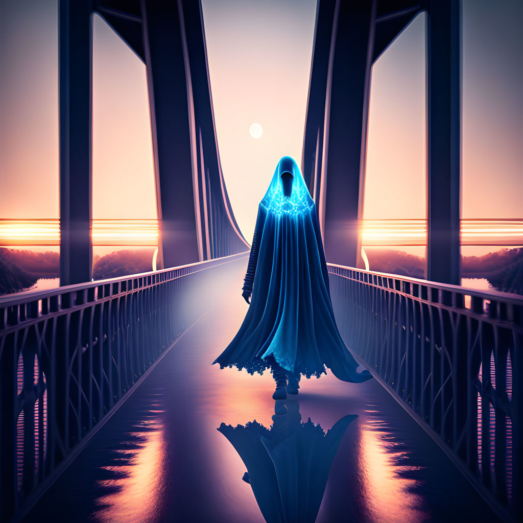 Cloaked figure with glowing blue mask on futuristic bridge at sunset