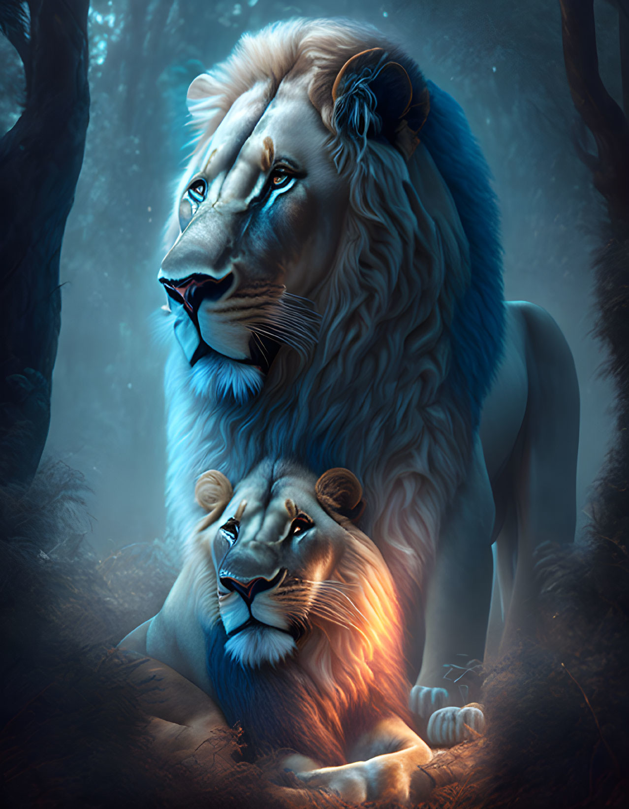 Blue lions in mystical forest with ethereal lighting