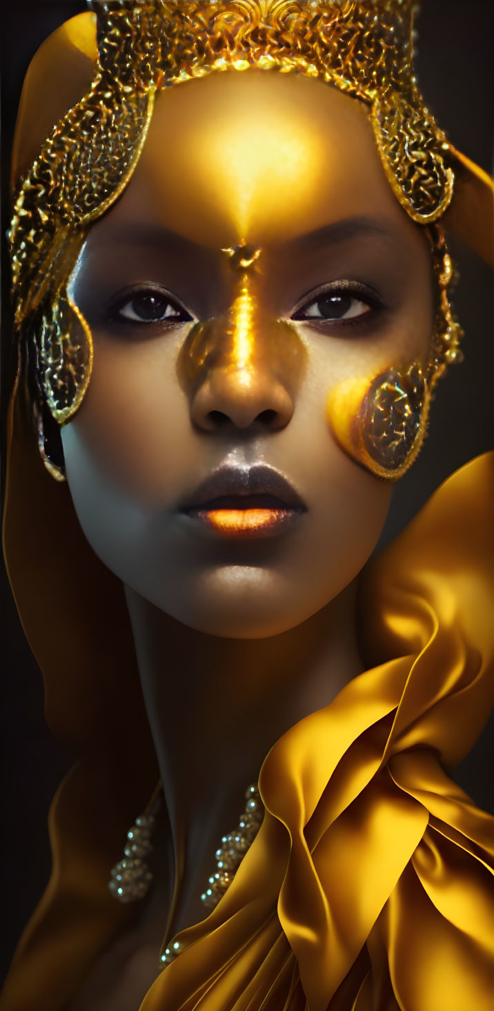 Woman adorned with golden jewelry against dark background