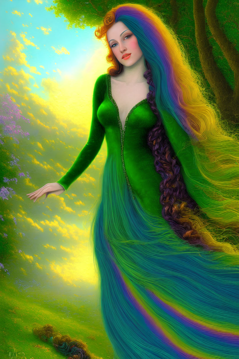 Multicolored-haired woman in green dress in forest clearing