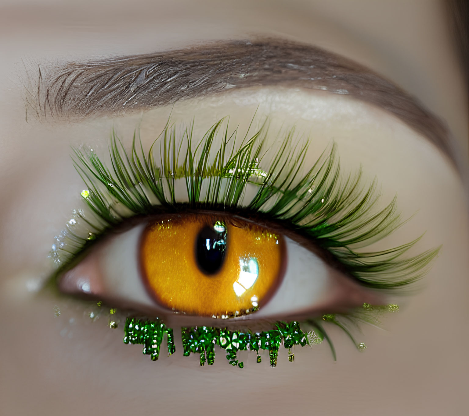 Eye with Green Glitter Mascara and Yellow Iris