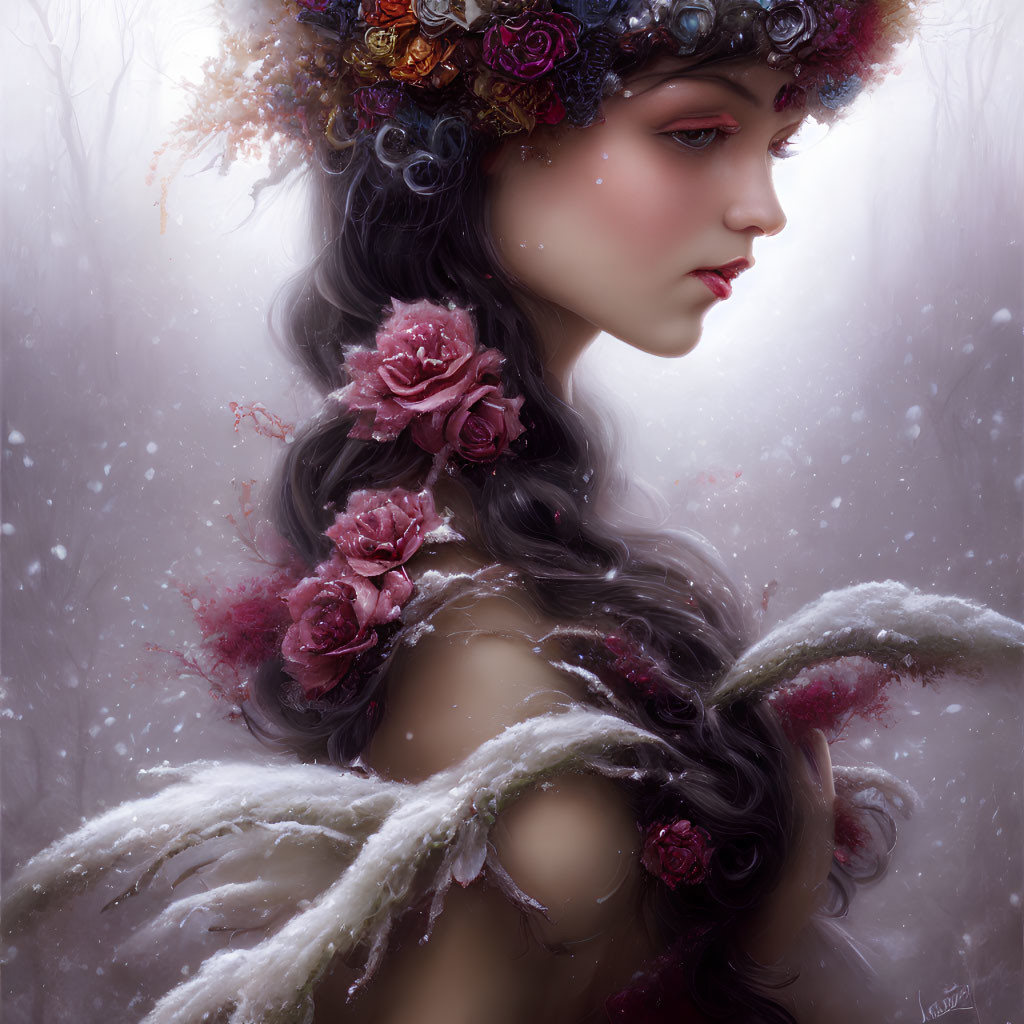 Profile portrait of woman with dark hair, floral adornments, frost-covered wings, snowy backdrop