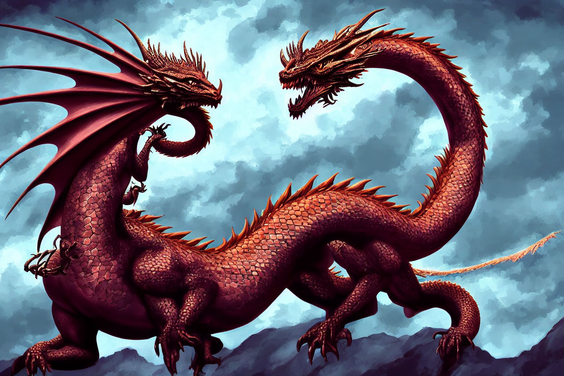 Digital art: Two-headed red dragon with spiked scales and large wings in stormy sky