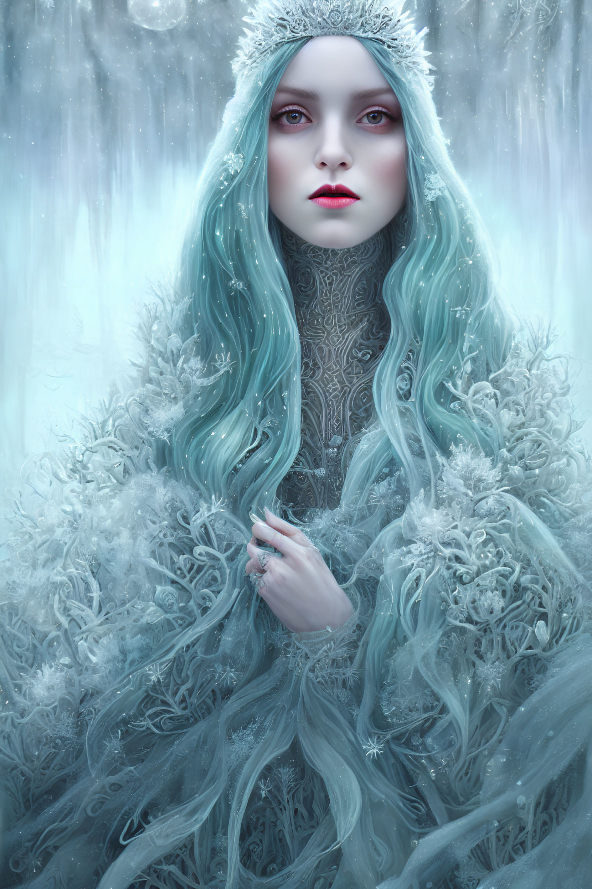 Ice-blue haired woman in frosty gown amidst blizzard