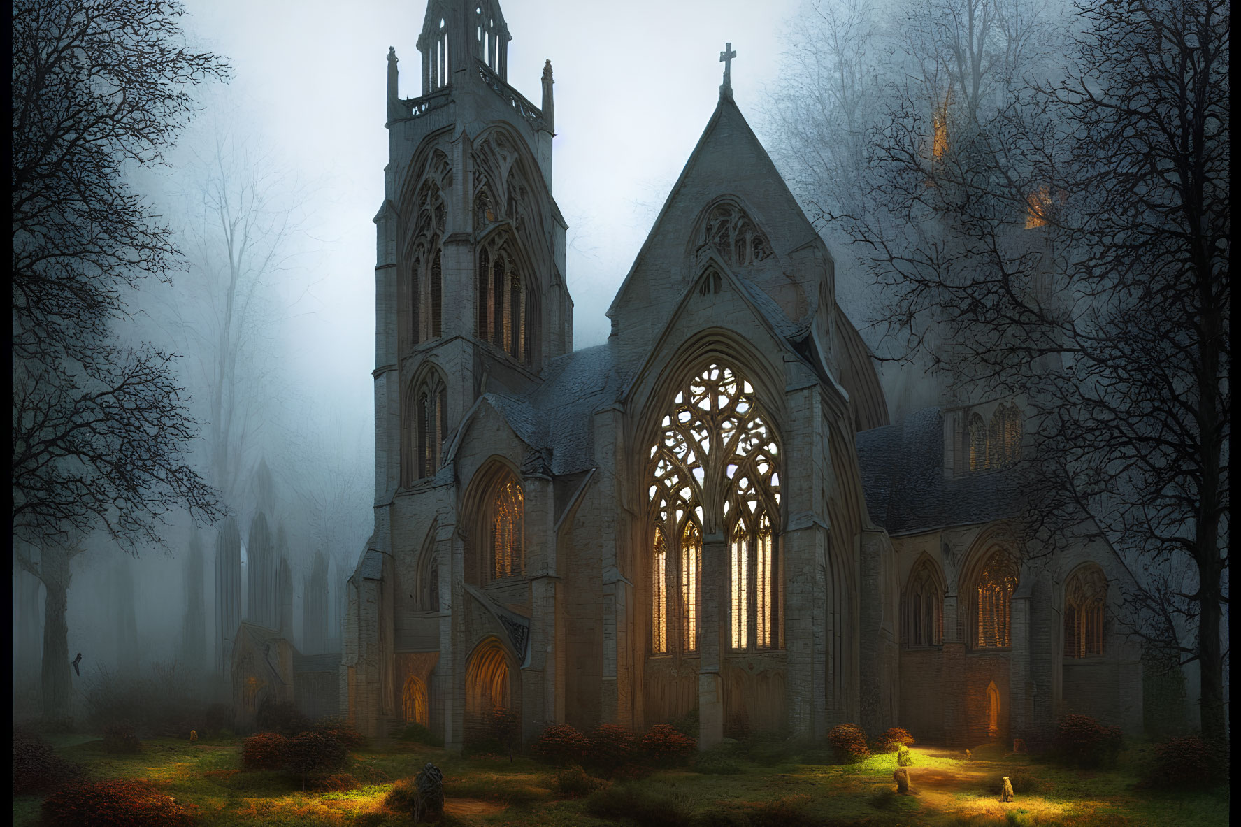 Gothic Church Illuminated on Foggy Evening