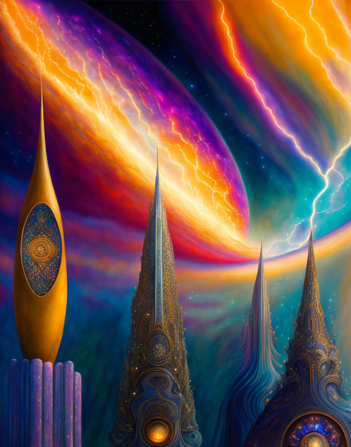 Colorful surreal spires in cosmic neon backdrop