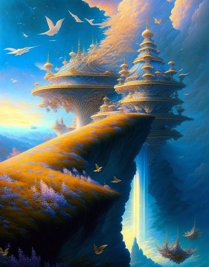 Fantasy landscape with ornate towers on floating island at sunset