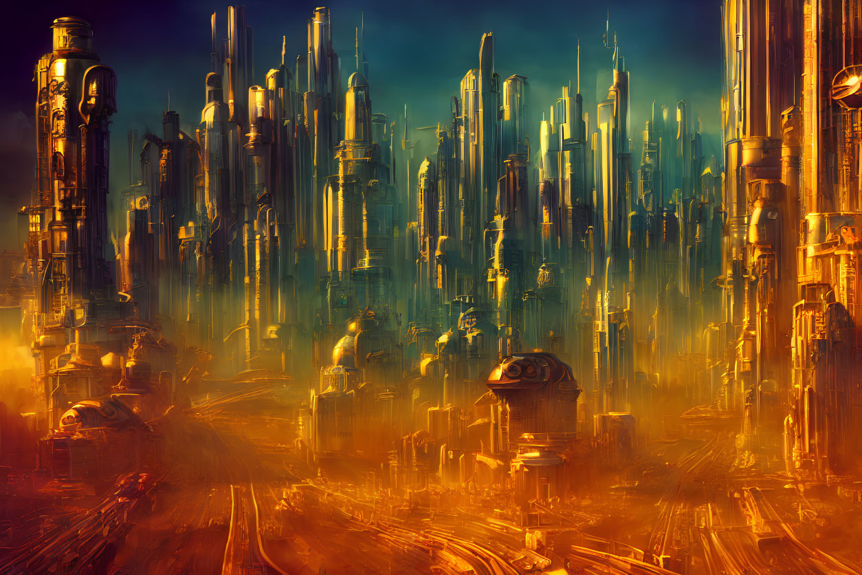 Golden-lit Futuristic Cityscape with Glowing Skyscrapers