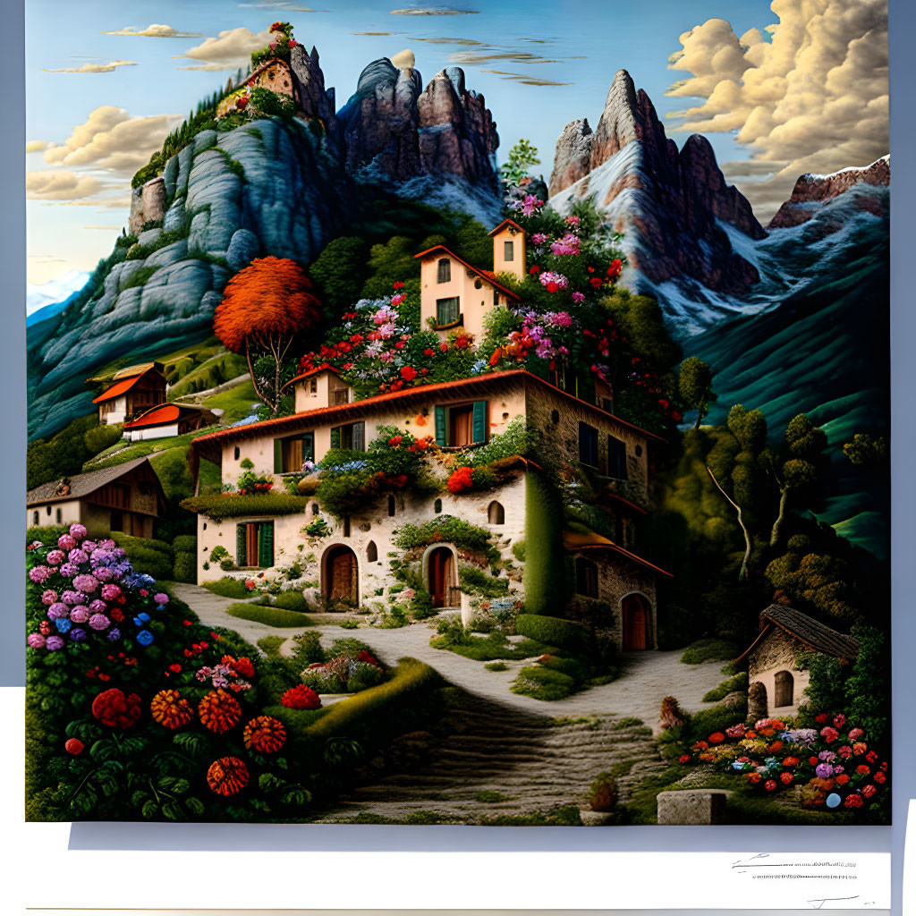 Colorful landscape painting: stone houses, red roofs, lush greenery, flowers, mountains, cliffs