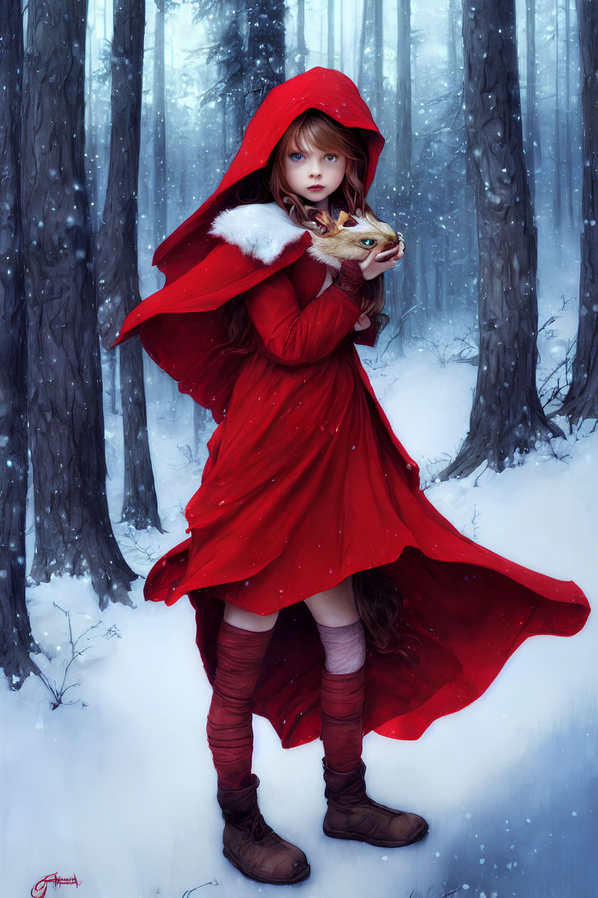 Girl in Red Cloak Holds Fox in Snowy Forest Fairy Tale Scene