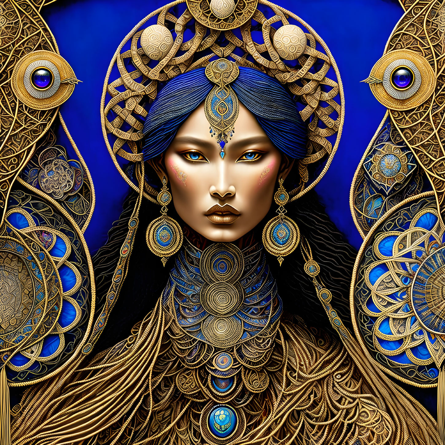 Portrait of Woman with Blue Hair and Peacock Motifs on Gold Headdress