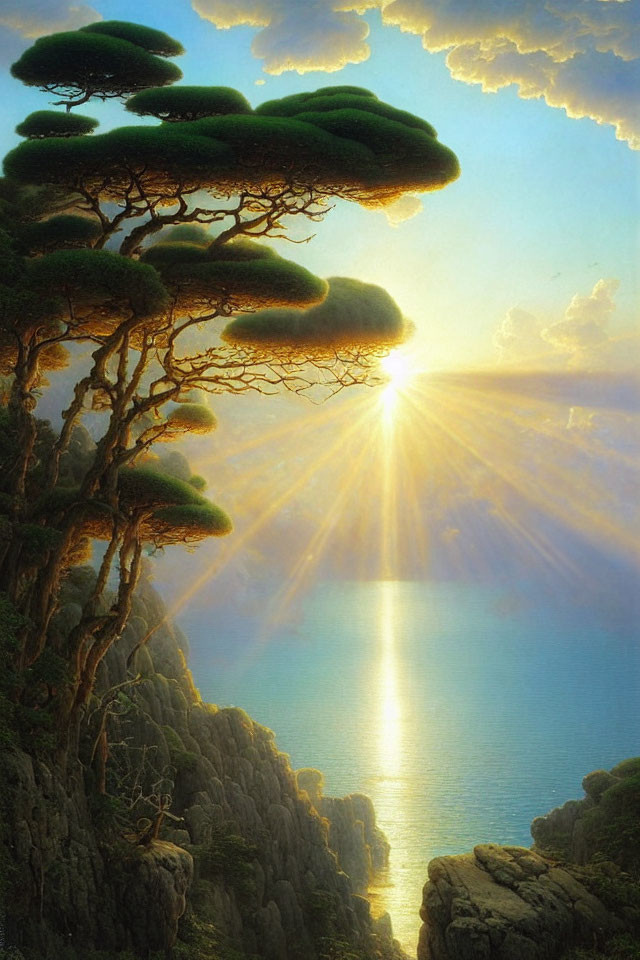 Vibrant sunset rays through umbrella-shaped trees on ocean cliff