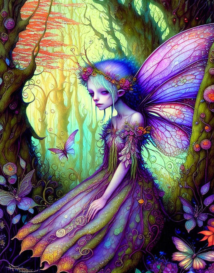 Colorful Fairy with Purple Wings in Enchanted Forest Scene