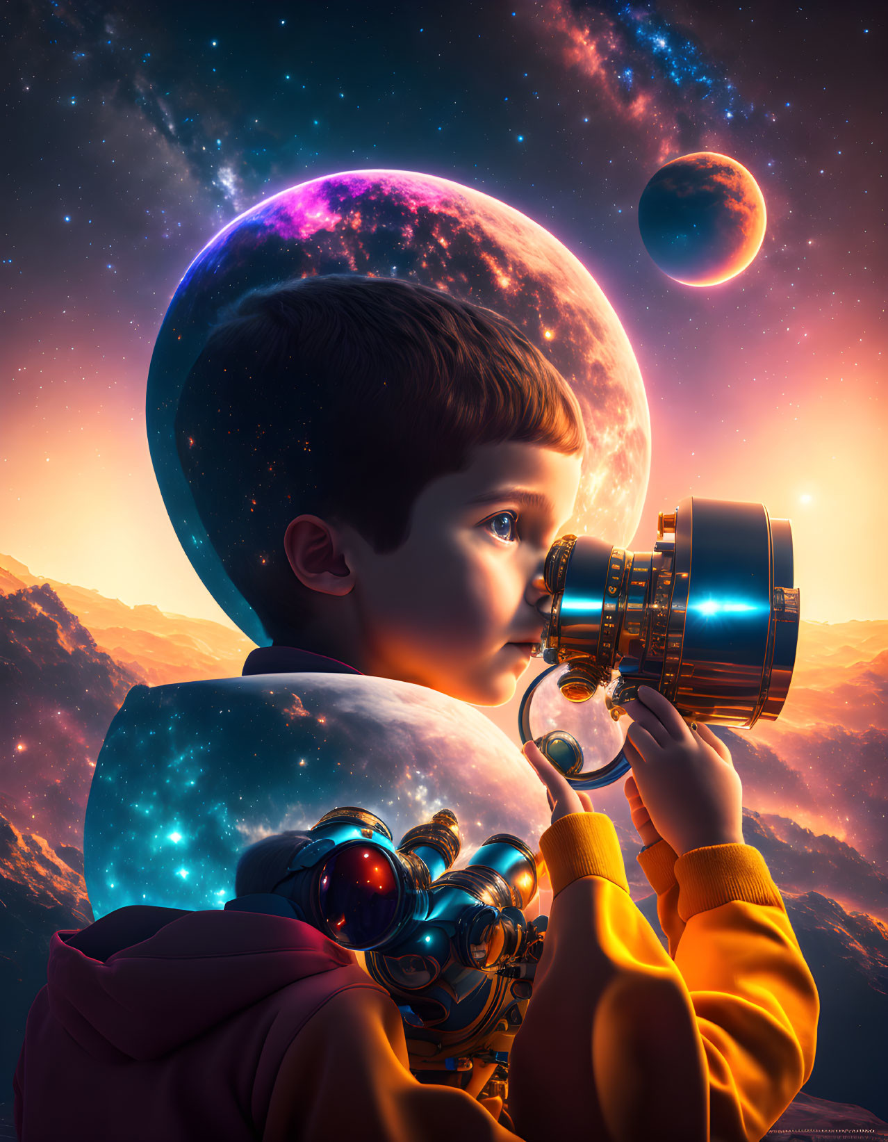 Child with backpack gazes through telescope at cosmic scene of planets and stars