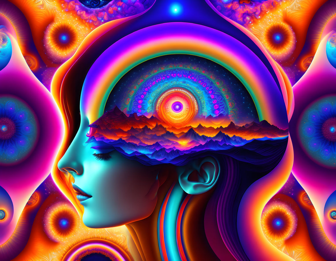 Colorful digital artwork: Woman's profile with psychedelic fractal mind