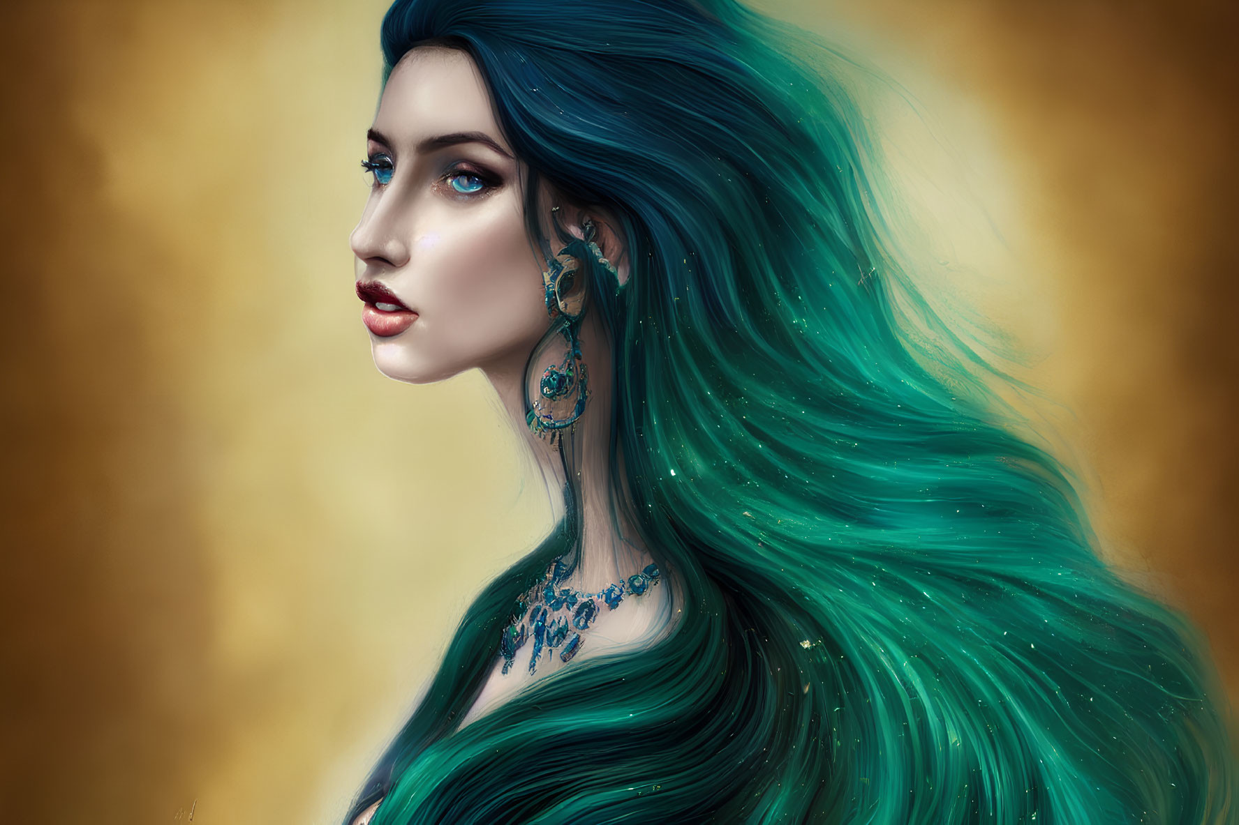 Detailed Illustration: Woman with Teal Hair and Blue Eyes on Golden Background